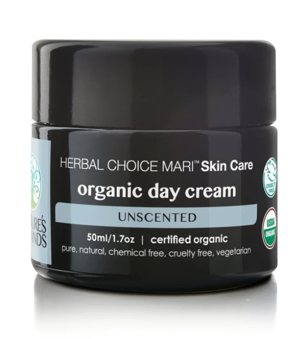 Nature's Brands Organic Day Cream (Unscented) by Herbal Choice Mari; 1.7 Fl Oz Glass Jar; Moisturizer For All Skin Types.